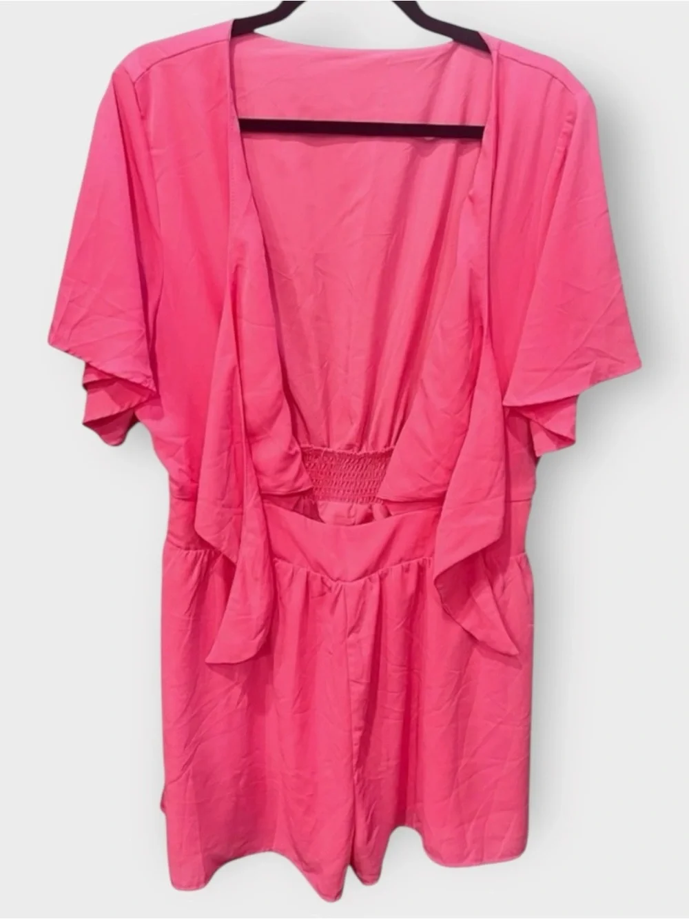 Hot Pink Tie Front Romper XL XXL Flutter Sleeve Cutout Vacation Barbiecore
